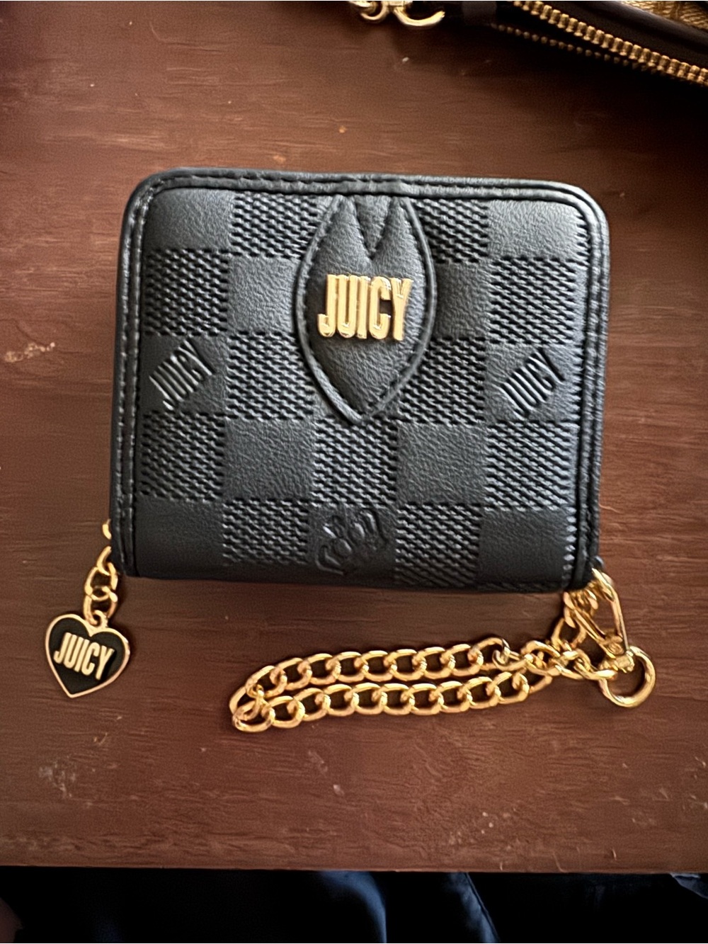 Juicy Couture Black Quilted Check Wallet with Gold Chain Charm